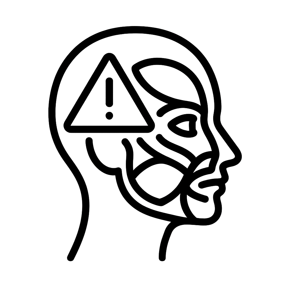 Black line icon of a human head profile with facial nerve mapping and a warning triangle, representing facial anatomy and dangerous zones.
