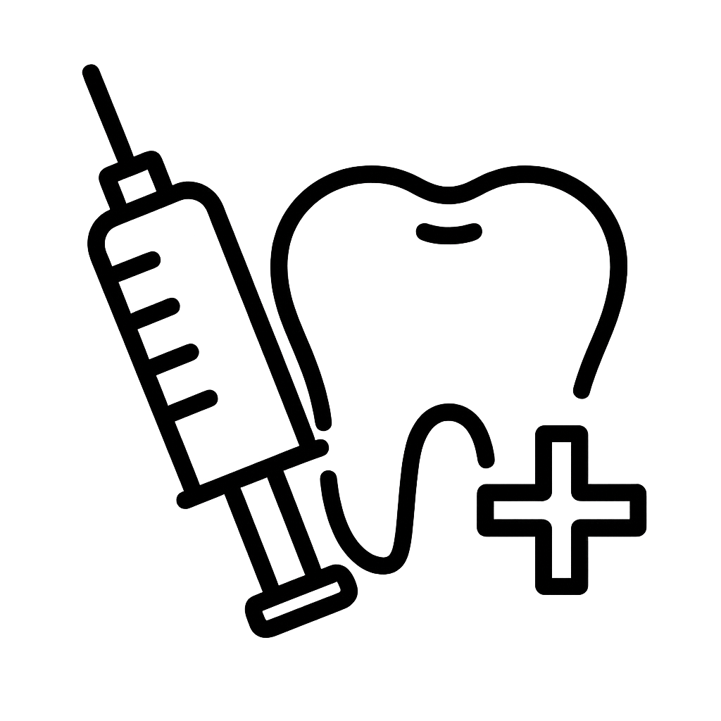 Minimalist black line icon showing a human profile with a syringe injecting Botox into the jaw muscle, representing dental and medical applications.