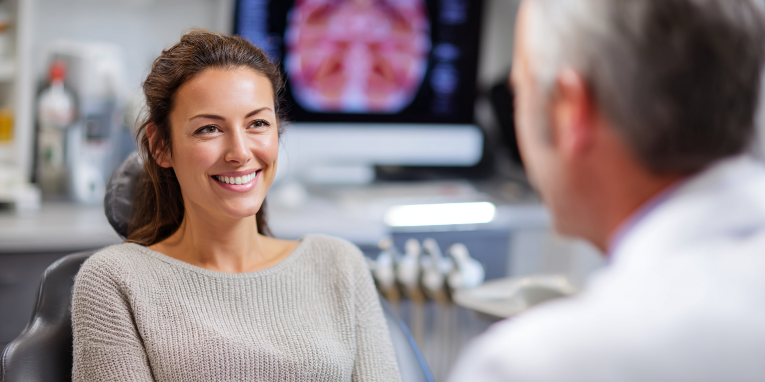 Dentist consulting with female patient in dental chair about Botox treatment plan, with facial anatomy diagram displayed on screen.