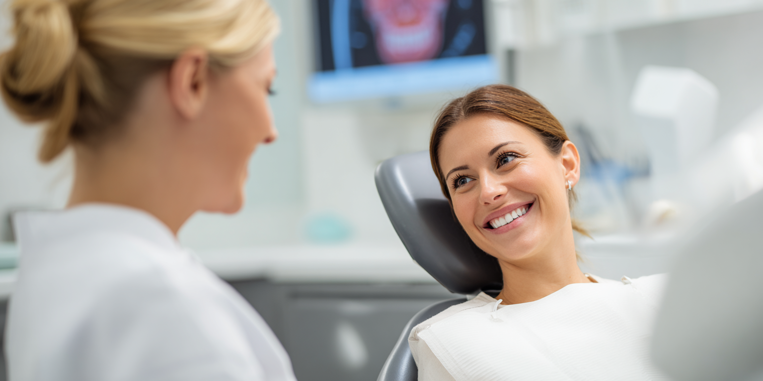 Professional dentist explaining Botox procedures to patient, seated in modern dental office with anatomy chart in background.