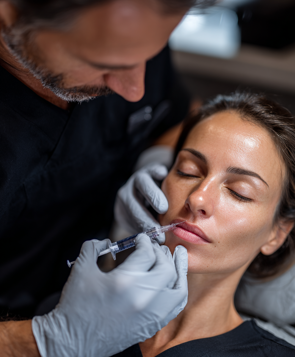 Dentist and patient reviewing Botox options in clinic, mid-shot angle with facial anatomy image on digital monitor.