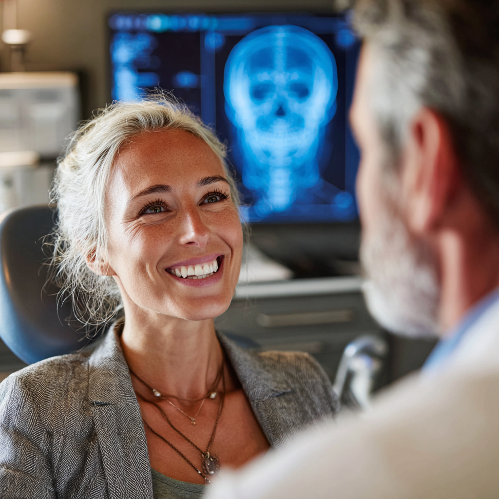 : Female patient smiling during Botox consultation with dentist, dental chair and digital anatomy screen visible in office.